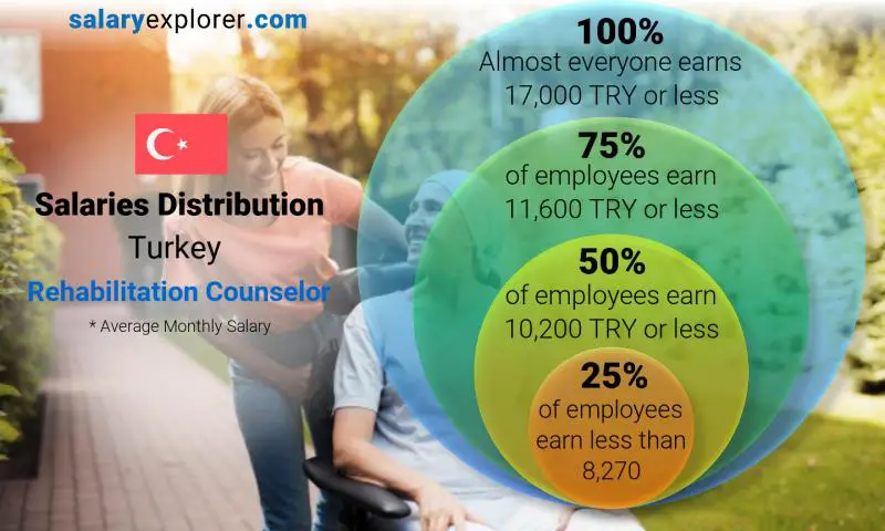 Median and salary distribution Turkey Rehabilitation Counselor monthly