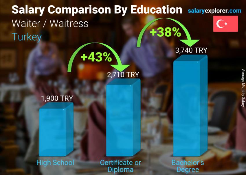 Salary comparison by education level monthly Turkey Waiter / Waitress